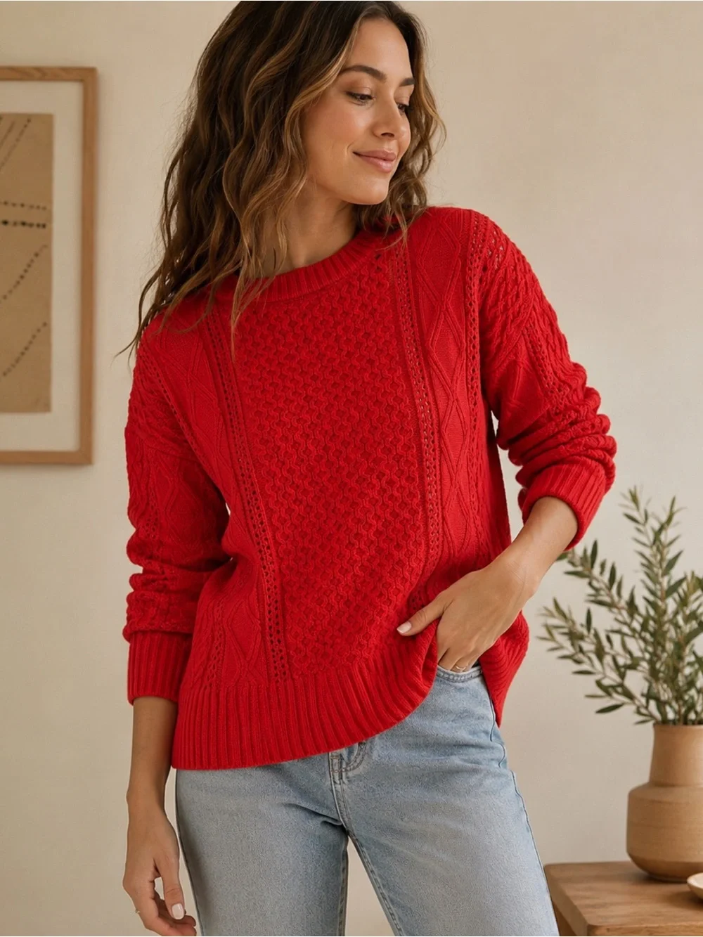 NWT A New Day Red Cable Pointelle Knit Sweater Women’s M